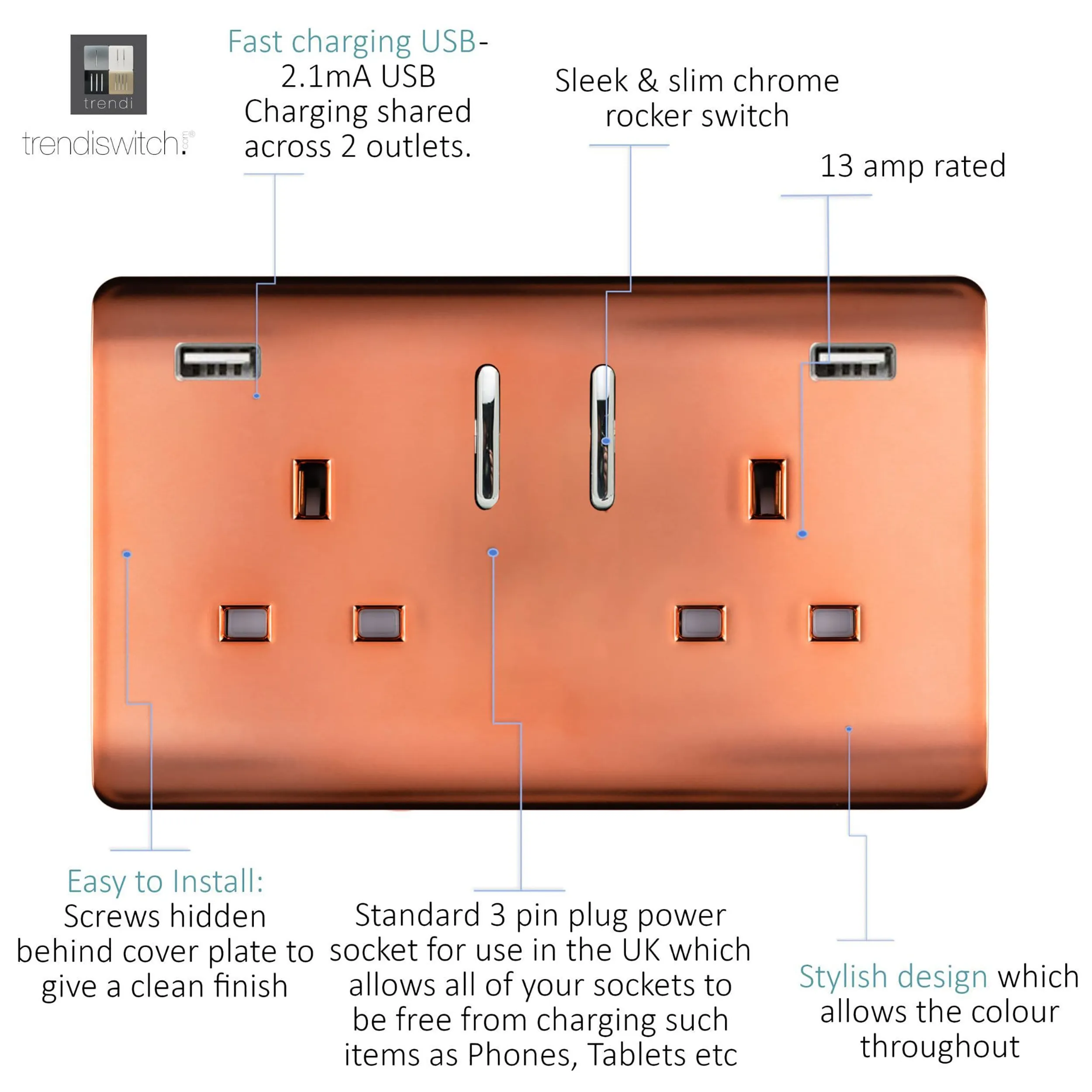 2 Gang 13Amp Short S/W Double Socket With 2x3.1Mah USB Copper ART-SKT213USB31AACPR  Trendi Copper